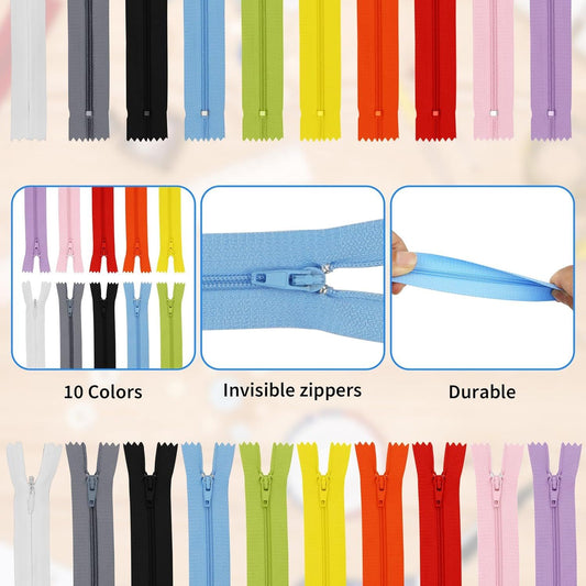 30 Pcs Nylon Coil Zippers for Tailor Sewing in 10 Assorted Colors - Mixed Color Invisible Zippers for Bags, V1258-DP02-D-382