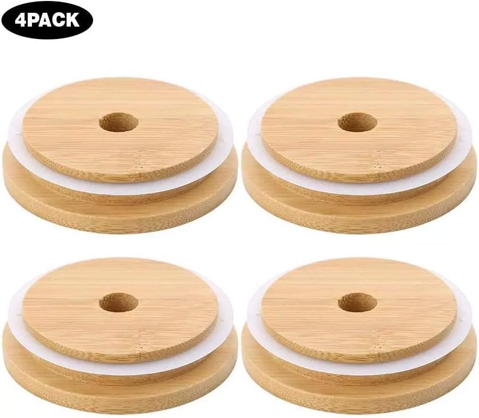 4 Pack 86mm Wide Mouth Bamboo Mason Jar Lids with Straw Hole Reusable Bamboo Caps Leak-Proof Glass Canning V1258-DP02-D-540