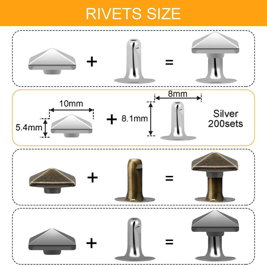 100 Sets 10mm Square Leather Rivets, Metal Pyramid Spike Studs Rivet for Leather Wrists Boots Clothing Pet V1258-DP02-D-68