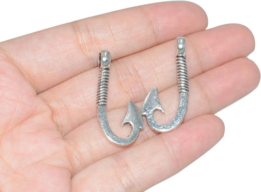 Pack of 50 Alloy Bulk Fish Hook Charms Pendents 13mmx31mm Jewelry Findings for Making Bracelet and Necklace V1258-DP02-D-91