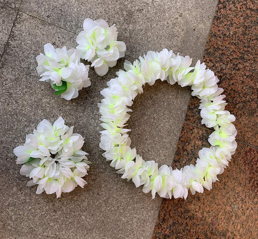 Yansanido 4 Pcs White Hawaiian Leis with Green Leaves for Graduation Party, Dance Party, Photo Prop in V1258-DP02-D-94