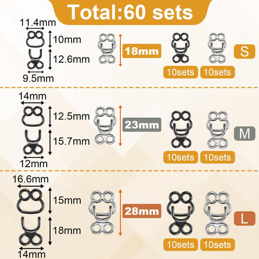 60 Set Hooks and Eyes for Sewing, Clothing Hook Replacement Clasps, Hook and Eye Closures for Fur Coats V1258-DP02-E-20