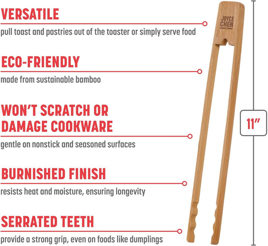 11-Inch Burnished Bamboo Tongs with Serrated Teeth, Natural Finish Nonstick Safe Serving Tongs V1258-DP02-E-204