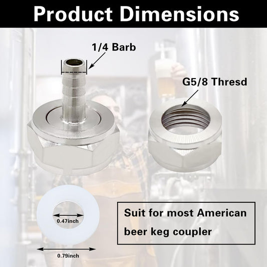Keg Coupler Barb Connector, 1/4'' Barb x G5/8 Thread Stainless Steel 304 Beer Kegerator Sankey Couplers Hex V1258-DP02-E-239