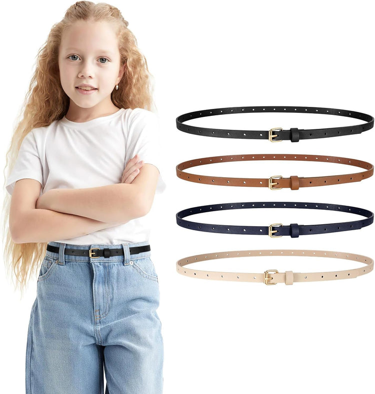 4 Pack Girls Skinny Leather Belts for Jeans Dress Thin Waist Belts for Girl with Gold Buckle V1258-DP02-E-277