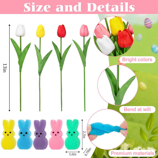 75Pcs Easter Decorations Set with 15Pcs Artificial Tulips and 60Pcs Sponge Bunnies Peeps Vase Filler, Spring V1258-DP02-E-317