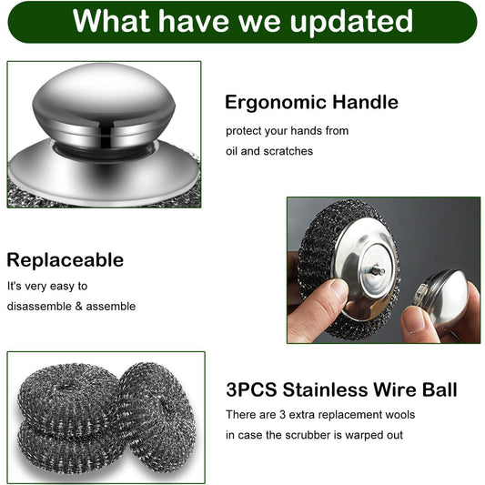 Steel Wool Scrubber with 2 Handles & 3 Replacement Wire Sponge(Scouring Pads) - Stainless Metal Cleaner Heavy V1258-DP02-E-325