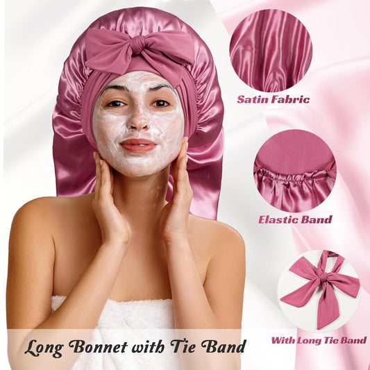Long Bonnet with Tie Band, Satin Hair Silk Bonnet for Sleeping Women, Sleep Bonnets for Women, Double Layer V1258-DP02-E-424
