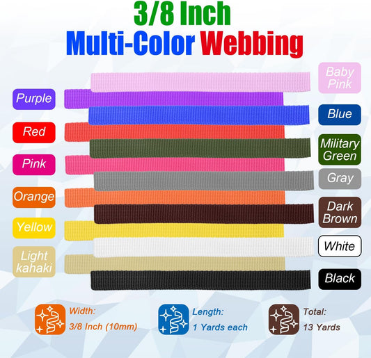 CooBigo 13 Rolls Webbing Strap 3/8 Inch 3/4 Inch 1 Inch 1.5 Inch 2 Inch Polyester Webbing 13 Colors &13 Yards V1258-DP02-E-44