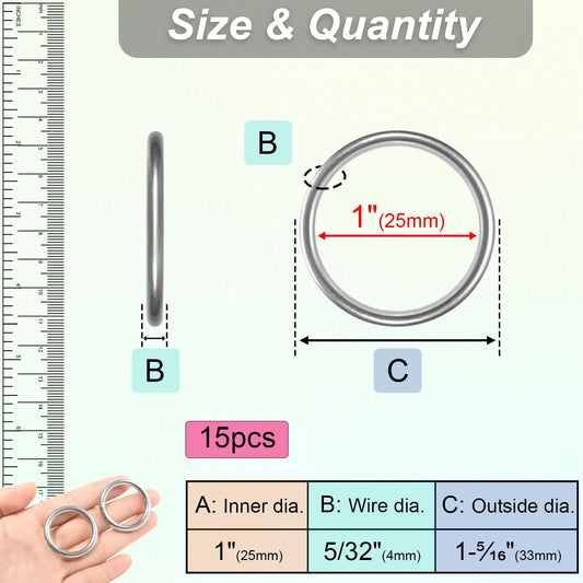 CooBigo 15pcs 1 Inch Stainless Steel Ring Buckle, Metal O Rings Buckles, Solid Welded Loop for Dreamcatcher V1258-DP02-E-45