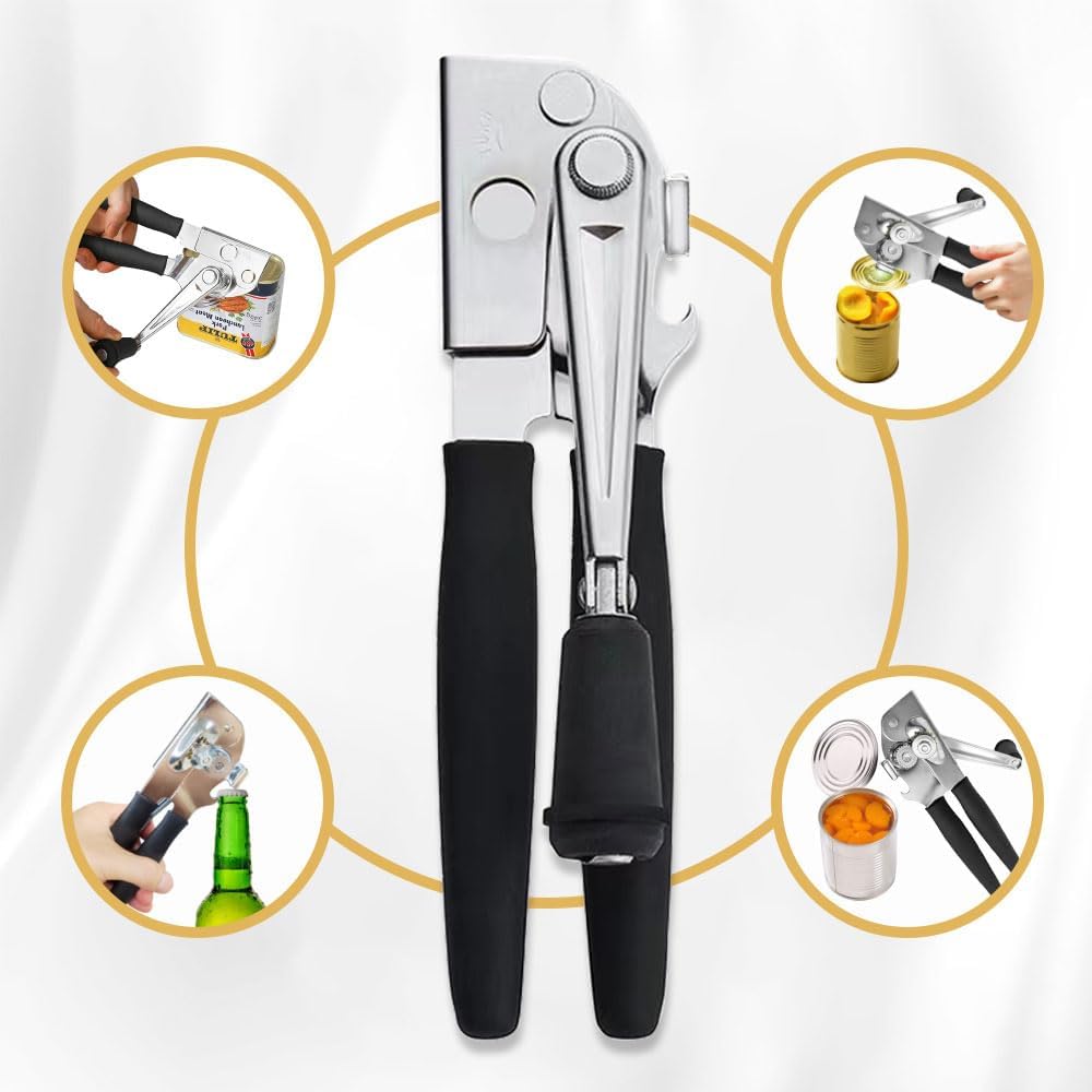 Commercial Heavy-Duty Manual Can Opener with Easy-Turn Crank, Long Rubber Handle & Magnetic Lid Holder V1258-DP02-E-483