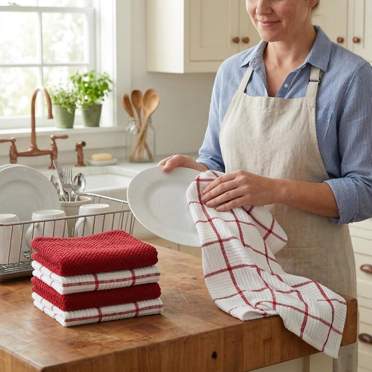 6 Pack Large Kitchen Towels, 16x27 inch Absorbent Dishcloths, 100% Cotton Cleaning Cloth, Red Set (Pack of 6) V1258-DP02-E-557