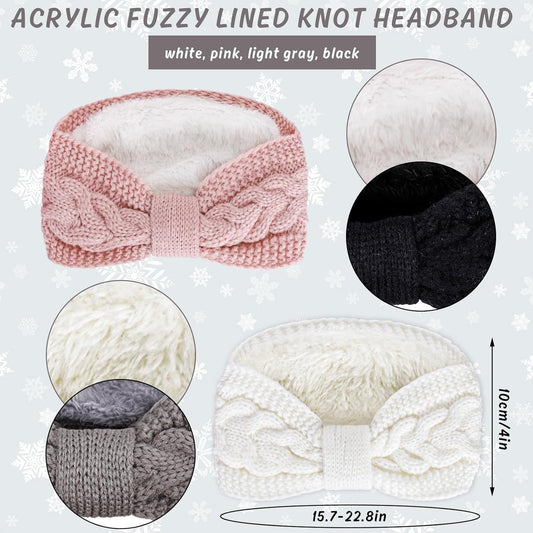 4 Pack Twisted Knit Headbands Winter Knotted Head Wraps Fuzzy Lined Headband Thick Crochet Turban Ear Warmer V1258-DP02-E-605