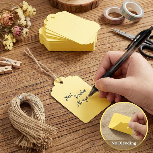 120pc Gift Tags with String - Blank Yellow Paper Hanging Tags for Wedding & Birthday Gifts DIY V1258-DP02-E-634