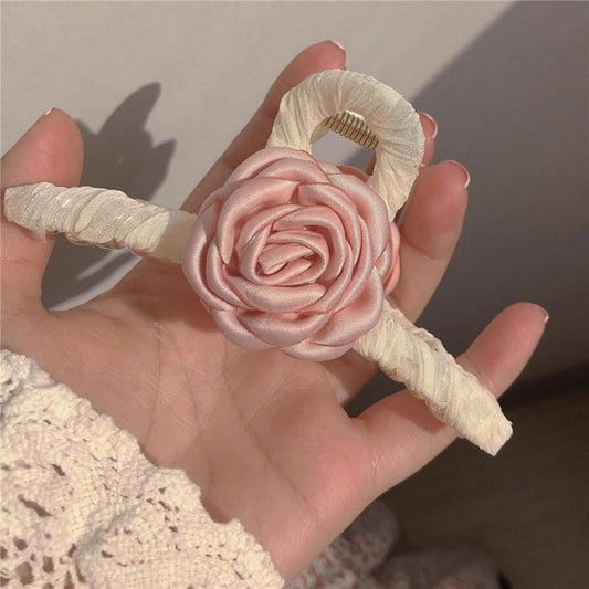 Elegant White Hair Claw Clip with Pink Glossy Camellia for Girls Women, Rose Floral Spring Hair Accessory V1258-DP02-E-683