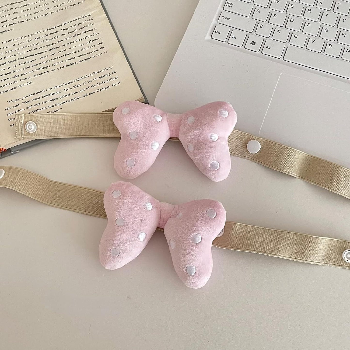 2 Pack Curtain Tiebacks with Pink Plush Bow and White Polka Dot, Snap Button Closure Curtains Holdbacks for V1258-DP02-E-684