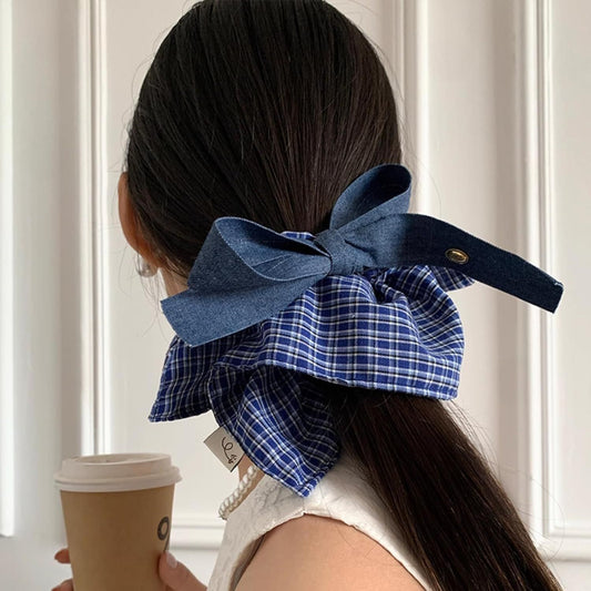 Large Blue Plaid Denim Bow Scrunchie for Women Girls, Hair Scarf Hair Band Hair Tie Elegant Headband V1258-DP02-E-688