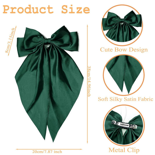 Green Hair Bows for Women Girl, Big Bow Hair Clips, Silky Satin Bows Oversized Long Tail with Clips Barrettes V1258-DP02-E-734