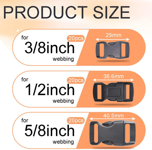 CooBigo 60 Pack Paracord Bracelets Buckles, 5/8, 1/2 and 3/8 Inch Contoured Paracord Buckles, Plastic Side V1258-DP02-E-8