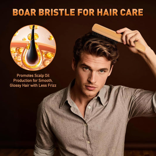 Boar Bristle Hair Brush for Men - Slick Back Hair Brush - Mens Hairbrush with Stiff Bristles & Wooden Handle, V1258-DP02-E-83