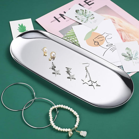 Silver Oval Vanity Tray, Stainless Steel Jewelry Tray, Bathroom Tray, Makeup Cosmetic Trays,Towel Napkin V1258-DP02-E-832