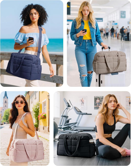 Gym Bag for Women, Lightweight Puffer Duffle Bag 2-PC Travel Bag, 31L Weekender Overnight Bag Quilted Carry V1258-DP02-F-10