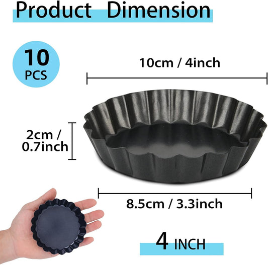 Mini Tart Pans with Removable Bottom 4 inch Set of 10, Non-stick Round Quiche Pan Heavy Duty Carbon Steel for V1258-DP02-F-210