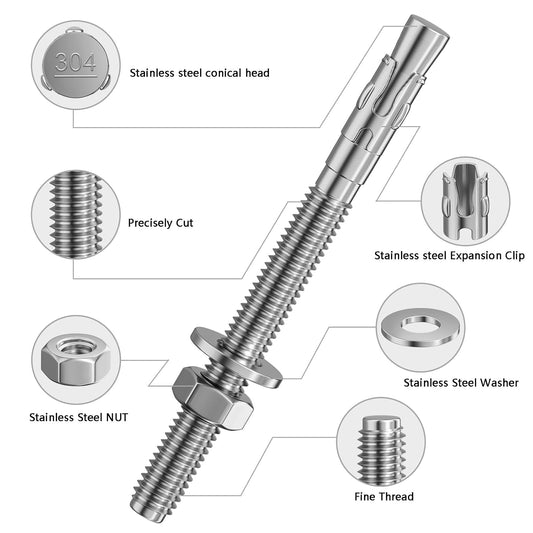 10Pcs 3/8x2-1/2 Inch Standard Fasteners for Heavy-Duty 304 Stainless Steel Wedge Anchors for Cement and V1258-DP02-F-481