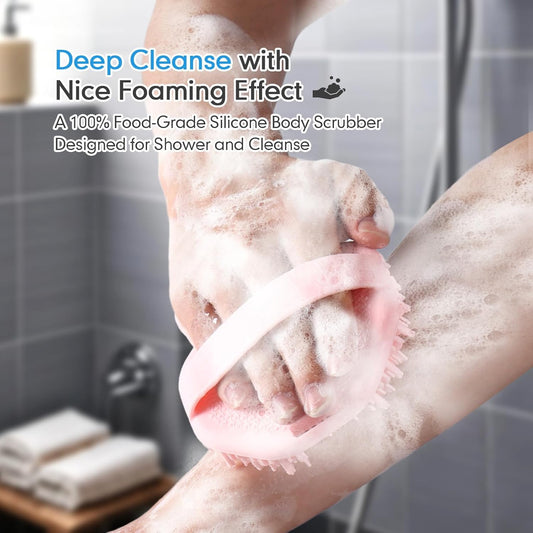 Silicone Body Scrubber with Foaming Effect, Food-Grade Safe, Pink, Soft Dense Bristles for Deep Cleansing V1258-DP02-F-608