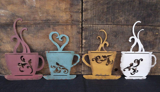Coffee Cup Wall Decor - Metal Cafe-Themed Decorations - Set of 4 Red, Turquoise, Yellow, & White Vintage Mug V1258-DP02-F-718