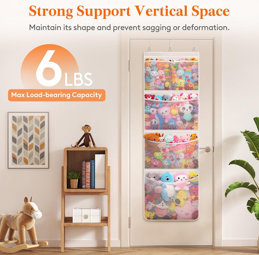 Stuffed Animal Storage, Over the Door Organizer with 5 Expandable Mesh Pockets, Breathable Oxford Fabric V1258-DP02-F-734