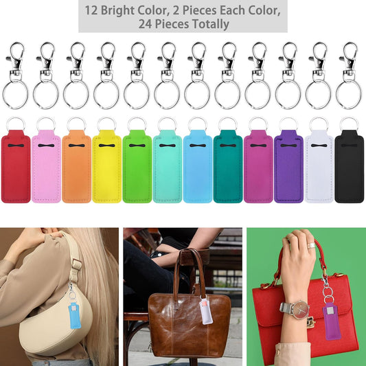 24 Pieces Chapstick Keychain Holder Lip Balm Holder Keychains Neoprene Lipstick Holder with 24 Pieces Metal V1258-DP02-F-747