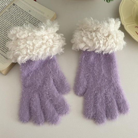 Women's Soft Plush Touch Screen Gloves, Cute Winter Warm Knitted Hand Muffs with Index Thumb Finger Holes V1258-DP02-F-895