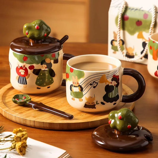 13 Oz Cute Apple Tree Girl Ceramic Coffee Mug Tea Mug with Lid and Leaf Spoon, Elegant Drinking Cup Gift for V1258-DP02-F-915