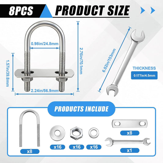 8 Sets M6 U Bolts 1 Inch Wide, 304 Stainless Steel Heavy Duty 25mm x 70mm U Bolts with Nuts, Bolt Plate, V1258-DP02-F-924
