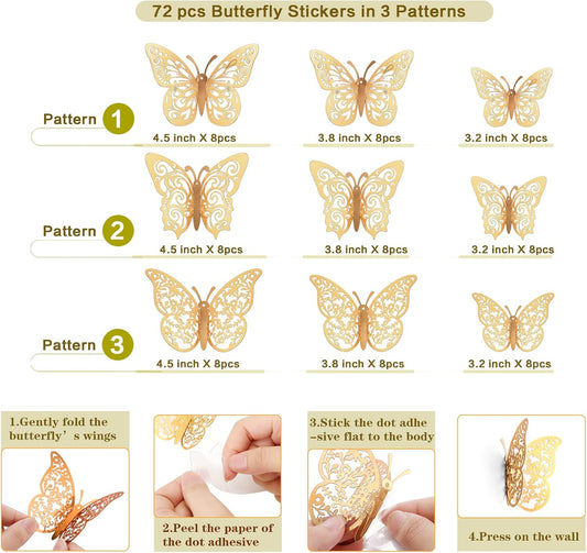 72 Pcs Gold Butterfly Decorations, 3 Sizes 3 Styles, 3D Butterfly Wall Decor, Party Decorations, Birthday V1258-DP02-WO-1001