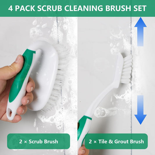 Scrub Brush Set, 4 Pack Deep Cleaning Brush Kit - 2 Scrub Brush, 2 Tile & Grout Brush with Built-in Scraper, V1258-DP02-WO-1055