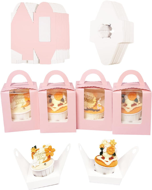 Auto-pop up Individual Cupcake Boxes with Window 25 Count Pink Single Cupcakes Box 3.7 x 3.7 x 4.3inch V1258-DP02-WO-140