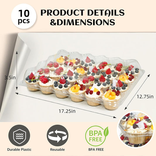 24 Count x 10 Sets Plastic Cupcake Containers, Durable and BPA-Free Cupcake Holder with Lid for Easy V1258-DP02-WO-142