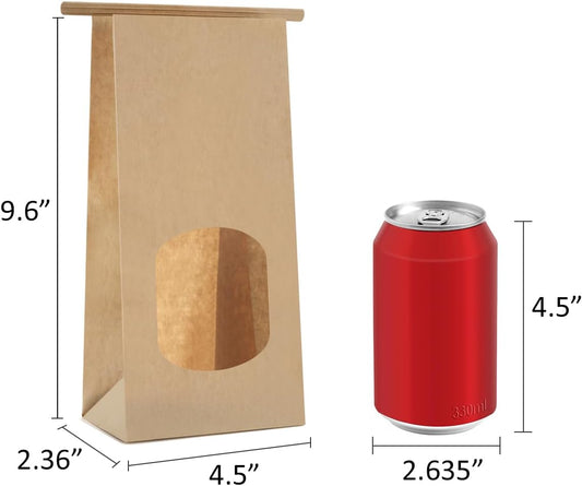 Bakery Bags with Window 100pcs 4.5x2.36x9.6 Inches Window Tin Tie Tab Lock Kraft Brown Paper Bags for Coffee V1258-DP02-WO-144