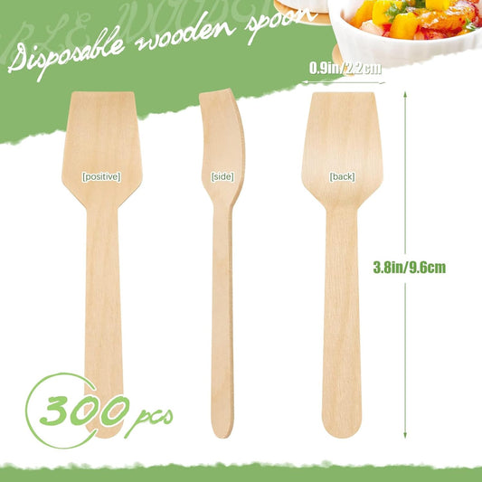 300 Pcs 3.75" Disposable Mini Wooden Tasting Spoons - Bulk Small Wood Spoons for Ice Cream Sampling, Honey, V1258-DP02-WO-151