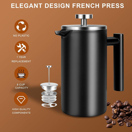 34 OZ Large French Press, Premium Stainless Steel Sturdy Insulated French Press Coffee Maker, 4-8 Cups French V1258-DP02-WO-201