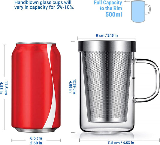 16.9 Oz Borosilicate Glass Tea Mug Cup Tea Glasses with Stainless Steel Infuser & Lid, Loose Leaf Glass Tea V1258-DP02-WO-206