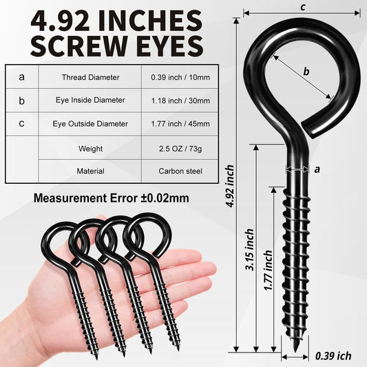 5 Inch Eye Hooks, Large Eye Bolts Screw in Hooks Carbon Steel, 4 Pcs Heavy Duty Black Large Screw Eye Hooks V1258-DP02-WO-243
