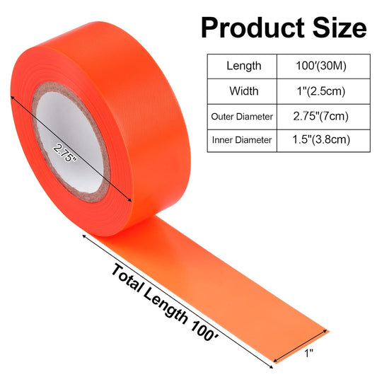 5 Pack Orange Flagging Marking Tape, 1" x 100' Non-Adhesive Survey Ribbon Rolls, Fade-Resistant Tapes for V1258-DP02-WO-261