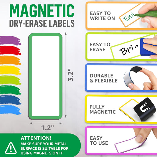 100 Pack Dry Erase Magnetic Labels 3.2x1.2 in - Magnetic Name Tags for Classroom Lockers School Bus - V1258-DP02-WO-425
