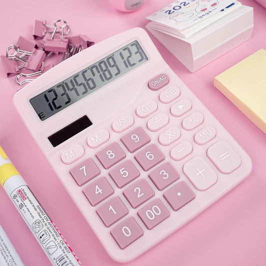 Cute Pink Desktop Calculator with Big Buttons, Dual Power Source, Solar and Battery, Large Display Screen - V1258-DP02-WO-454