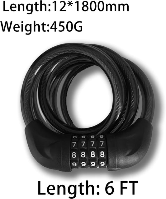 Bike Cable Lock 6FT Long, 4 Digit Resettable Combination Lock, Heavy Duty Steel Cable with Waterproof Vinyl V1258-DP02-WO-503