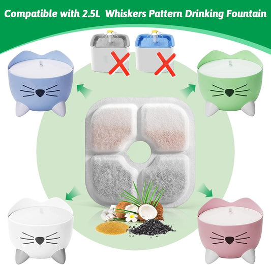 Cat Water Fountain Replacement Filters Fit for 2.5L Fountain with Whiskers Pattern Triple Action Water Pet V1258-DP02-WO-532