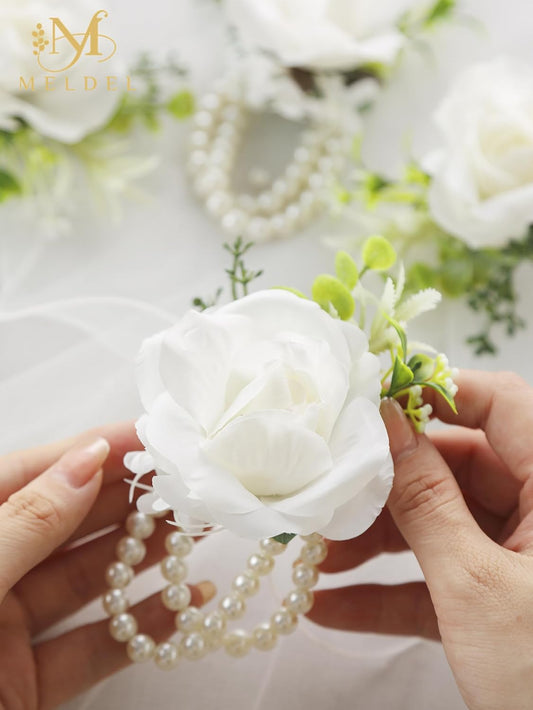 White Ivory Rose Wrist Corsage, Set of 6, Wedding Bridal Flower Corsage Hand Decor for Prom Party Homecoming, V1258-DP02-WO-561